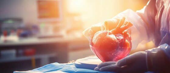 A close-up of a heart held by a medical professional, showcasing the intricacies of human anatomy in a clinical environment.