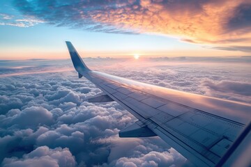 Obraz premium Airplane Wing Above a Sea of Clouds at Sunset