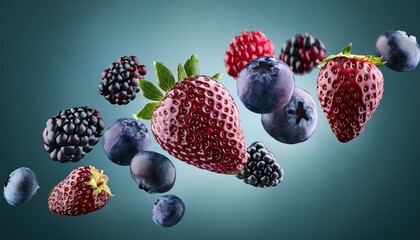 blue berries , strawberries , berries in air 