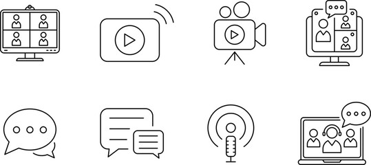 Vector Live Streaming icons Set - stream, camera, broadcast, conference, online meeting, chat, podcast, webinar.