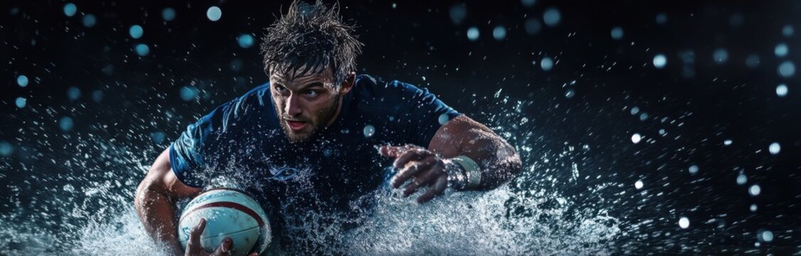  Rugby player in intense action with water splash on a 
dark background.