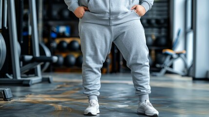 Obraz premium Unrecognizable Person in Gray Sweatsuit Standing in a Gym Ready for Weight Training Exercise