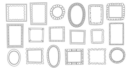 Hand drawn doodle frames. Black frames collection. Doodle frames clipart isolated on white background. Set vintage scrapbooking borders different square and oval shapes and size.