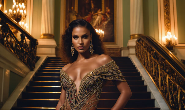 A woman in a beaded gown stands on a grand staircase in a palatial setting