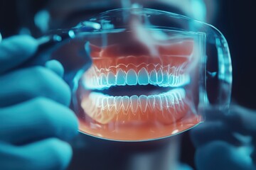 A dental professional examines an innovative dental model showcasing teeth alignment and oral care techniques with bright lighting.