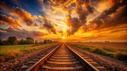 Fototapeta premium Orange sunset in low clouds creating a warm glow over a railroad track , sunset, orange, clouds, railroad, track, evening