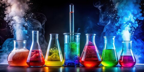 Colorful chemical reactions in laboratory glassware with bubbling and fizzing liquids, science, lab, chemistry