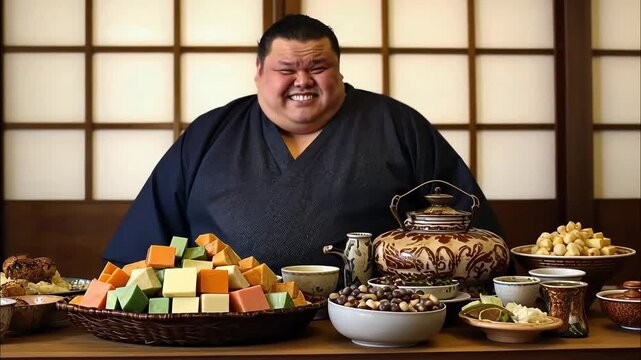 Smiling sumo wrestler sitting at a table filled with traditional Japanese food
