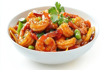A bowl of shrimp stir-fry with vegetables and garnished with cilantro.