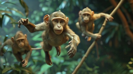 Obraz premium A lively group of monkeys is swinging and hanging from a tree branch high above