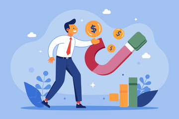 Customer acquisition cost, CAC, advertising cost for lead generation, marketing expense or spending on customer retention, optimize conversion rate concept, businessman with magnet on dollar cost.
