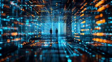 Two Businesspeople Stand in Futuristic Server Room Corridor with Glowing Lights and Data Flowing