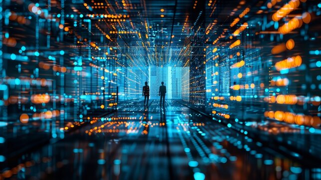 Two Businesspeople Stand in Futuristic Server Room Corridor with Glowing Lights and Data Flowing