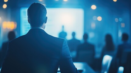 Fototapeta premium A professional audience watches a speaker during a conference in a dimly lit venue, creating a focused and engaging atmosphere.