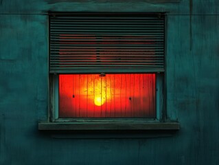 Sunset through an old window with blinds in a rustic setting.