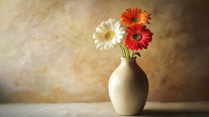 Soft, natural lighting is used to create gentle shadows and highlights, adding depth to the flowers and vase.