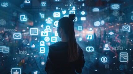 A woman is looking at a computer screen with a lot of icons