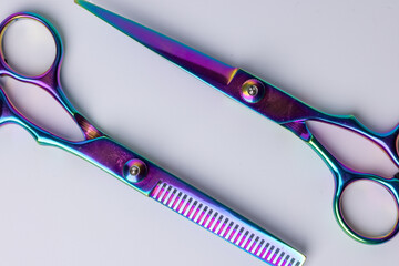 op view of two barber shears positioned at an angle on a white background