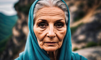 An elderly woman in a blue headscarf looks directly at the camera, her face showing the passage of time