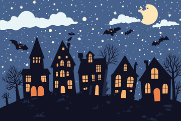 Halloween town silhouette of haunted houses, bats, pumpkins and a full moon with a scary feeling