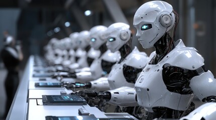 Fototapeta premium Industrial robots working on an assembly line, manufacturing electronic devices