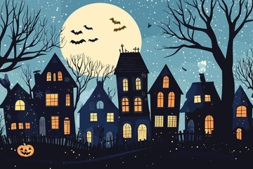 Halloween town silhouette of haunted houses, bats, pumpkins and a full moon with a scary feeling