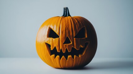 A simple but eerie Halloween pumpkin, showcasing a traditional carved face on a white background.