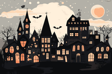 Halloween town silhouette of haunted houses, bats, pumpkins and a full moon with a scary feeling