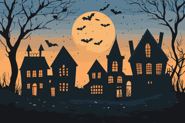 Halloween town silhouette of haunted houses, bats, pumpkins and a full moon with a scary feeling