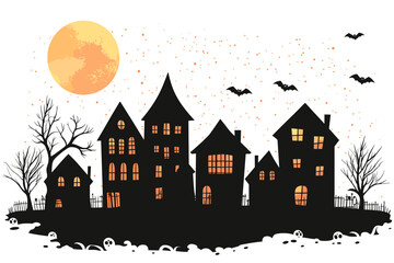 Halloween town silhouette of haunted houses, bats, pumpkins and a full moon with a scary feeling