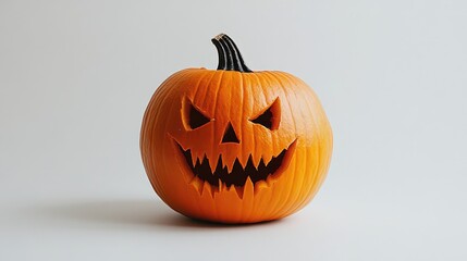A jack-o'-lantern with a devilish expression, prominently displayed on a white background.