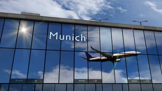 Plane landing at Munich, Germany. Arrival in the city with the glass airport terminal and reflection of the jet aircraft. Travel, business, tourism and transport 3D concept.