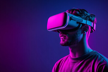 Immersed in Neon Dreams: A young man explores virtual reality, bathed in vibrant neon light against a dark background, capturing the wonder and excitement of immersive technology. 