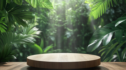 Wooden Podium Standing In The Heart Of A Lush Jungle, A Perfect Mockup For Tropical Nature Displays. 