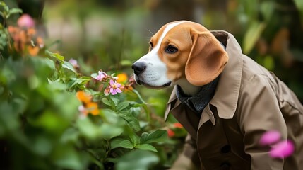 A stylish dog in a trench coat explores a vibrant garden filled with blooming flowers, showcasing playful curiosity and charm.