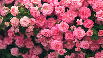 Obraz premium A background filled with bright pink roses creates a vibrant and romantic atmosphere. The vivid pink color of the roses is eye-catching and evokes feelings of love, joy, and celebration.