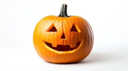 A classic Halloween pumpkin, perfectly carved, sitting on a stark white background.