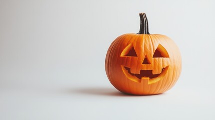 A classic Halloween pumpkin, perfectly carved, sitting on a stark white background.