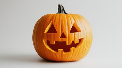 A classic Halloween pumpkin, perfectly carved, sitting on a stark white background.