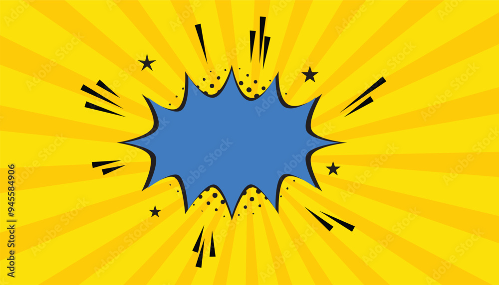 Poster empty speech comic bubble with sunrays and dots on yellow background. pop art halftone background. c