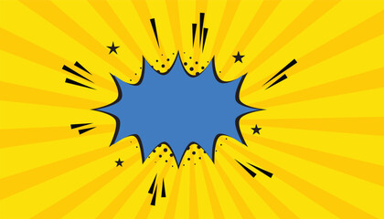 Empty speech comic bubble with sunrays and dots on yellow background. pop art halftone background. comic starburst pattern. sunburst banner with speech bubble