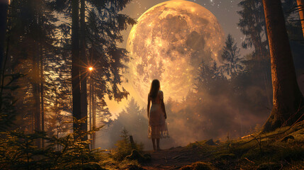 Fototapeta premium Silhouette of a Girl in Black Forest with an Enormous Moon