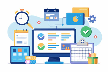 Project management, planning for software development, resources and budget planning, project schedule diagram, gantt chart for work deadline concept, computer laptop with project management software
