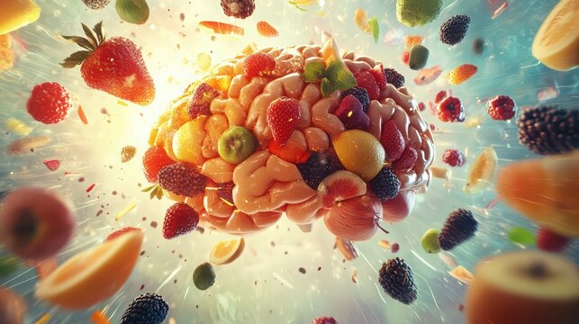 A vibrant depiction of a brain surrounded by an explosion of various fruits, symbolizing health and nutrition.
