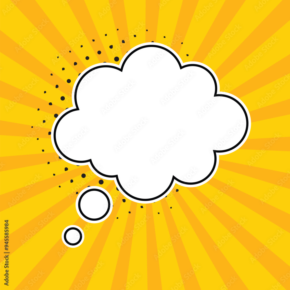 Poster white cloud of thoughts in yellow background with sunrays. speech bubbles. comic book explosion desi