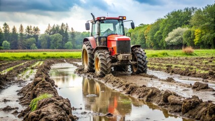 Tractor stuck in deep mud , agriculture, farming, equipment, stuck, muddy, rural, vehicle, soil, off-road, challenge