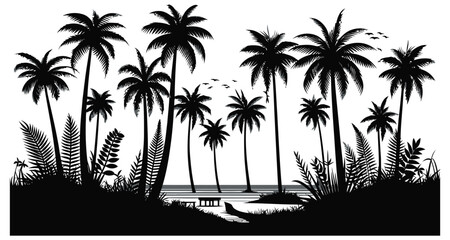 Palm tree silhouette, black and white, vector illustration, tropical beach scene, wall art poster