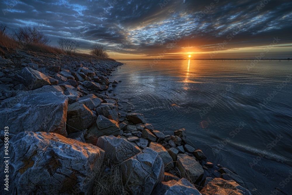 Poster a serene scene of a sunset over a body of water with rocks in the foreground, perfect for use in tra