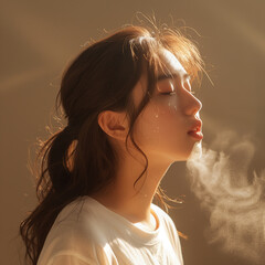 Korean Model in Soft Light Mist with Relaxed Expression and Glowing Skin
