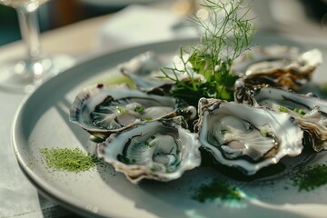 Freshly shucked oysters served on a plate with greens at a coastal restaurant during a sunny afternoon